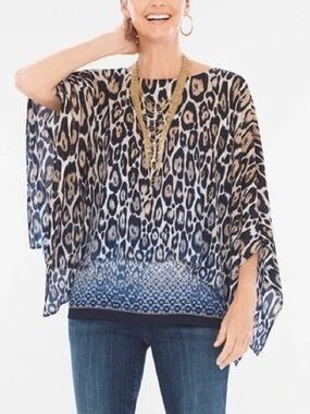 Chicos Animal Print Poncho Blouse Kimono Sleeve Caftan Top Gradient Color Detail